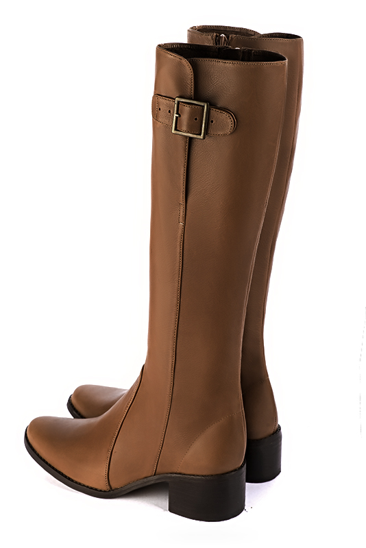 Caramel brown women's knee-high boots with buckles. Round toe. Low leather soles. Made to measure. Rear view - Florence KOOIJMAN